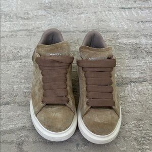 Alexander McQueen Women’s Taupe Suede Sneakers with Brown Laces